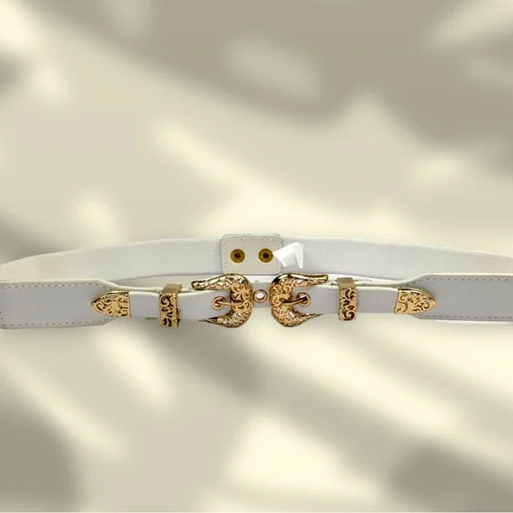 White & Gold Western Double Buckle Stretch Belt - Picture 2 of 5